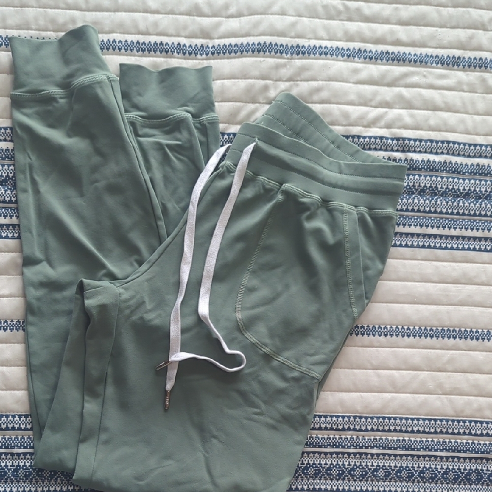 ZYIA Muted Moss Unwind Jogger Pants with White Drawstring